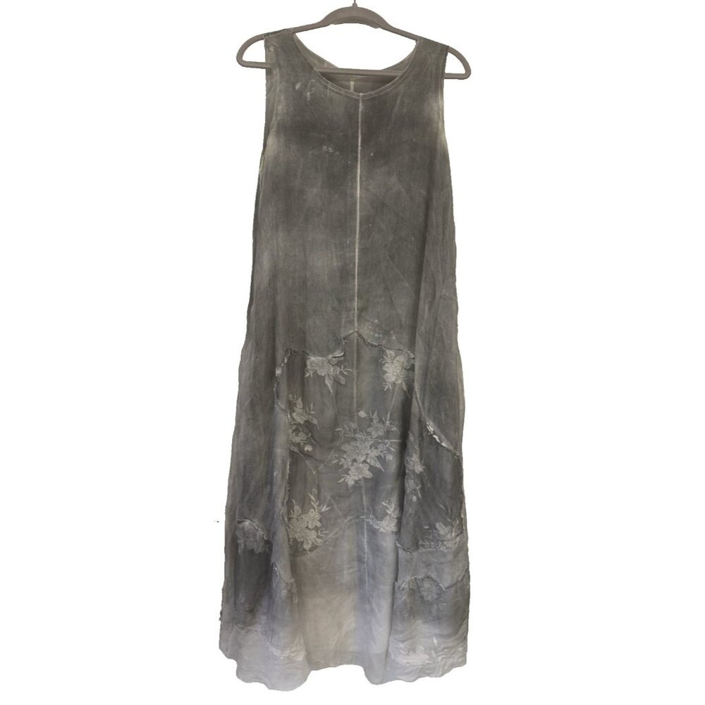 maxcoaevea maxi Dress Medium 100% Silk Gray Pockets embroidered Lagenlook Lined